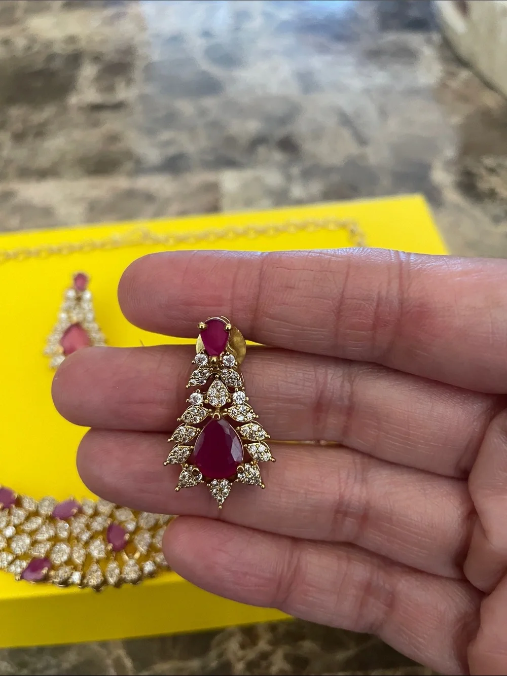 Gold-Tone Necklace and Earring Set with Ruby-Red Stones